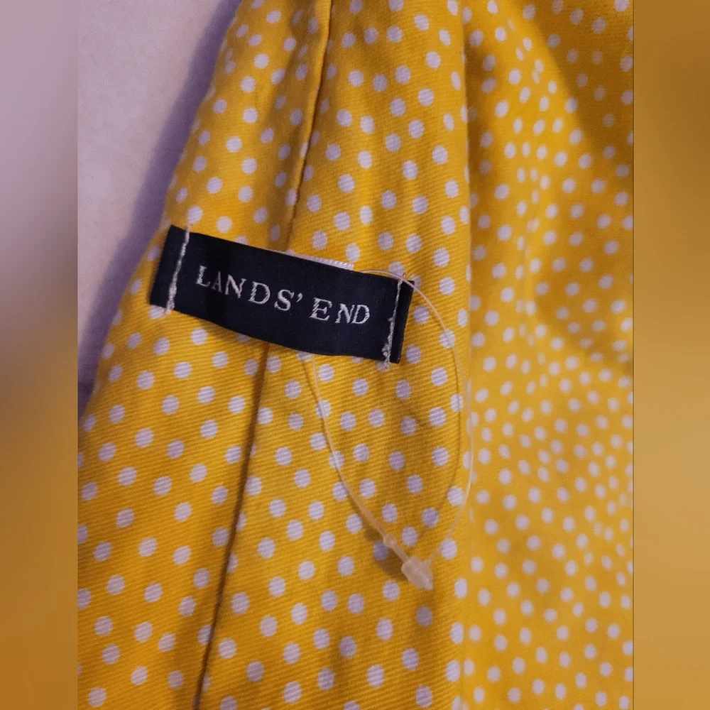 Lands End Bamboo Handle Bag Large Yellow White Floral Polka Dots